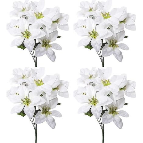Fleurs artificielles - ANNEFLY - Lot de 4 bouquets de poinsettia - 7 têtes - 35 cm - Blanc (1/4)
