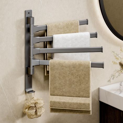 Porte-serviettes pivotant de cuisine à fixation murale, petit porte-serviettes rotatif de salle de bain, barre pliante, options de montage sans clou ou percé, 4 bras (1/5)