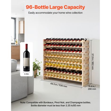 Casier à Vin Modulaire Capacité de 96 Bouteilles, Range Bouteilles à 8 Niveaux, Étagère à Vin Autoportant et Stable, en Bois, Rangement Présentation pour Cuisine Garde-manger Cave et Bar (1/5)