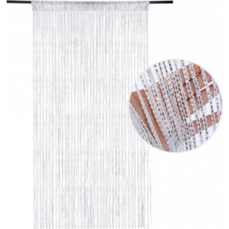 Rideau de porte (blanc), rideau décoratif en fil métallique argenté 100 x 200 cm, panneau mural, fenêtre, porte, pompon, idéal pour rideau métallique, moustiquaire, séparateur de pièce, Noël, mariage, (1/5)