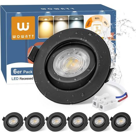 Set of 6 Recessed Black LED Spotlights, 3-Level Dimmable, 30-Degree Adjustable, IP44 Bathroom (1/5)