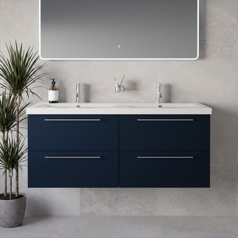 Napoli 390 Deep Blue 1200mm Wall Mounted 4 Drawer Vanity Unit with Double Glide Basins - 1200mm - Chrome 320mm Handle