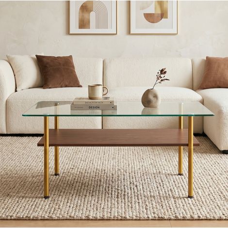 Mesa de centro rectangular de vidrio y MDF, estructura metálica dorada, marrón, 97,7 x 57,7 x 45 cm (1/5)