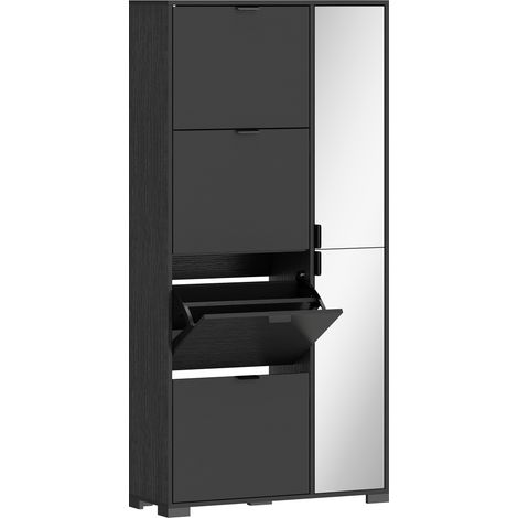 Scarpiera con Specchio 82x30x168 cm 4 Cassetti Ribalta e Armadietto 2 Ante in MDF Nero (1/5)