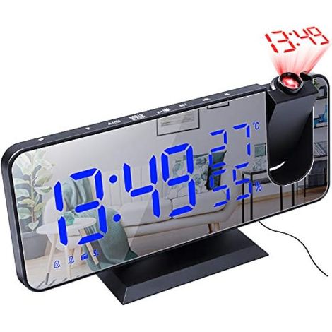 Radio-réveil à Projection Radio-réveil Numérique 4 Gradateurs et Rotatif à 180 ° et 2 Sons 7.4 '' Grand écran Miroir Noir-Bleu (1/4)