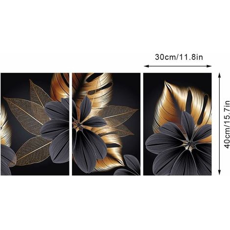 Set di 3 stampe su tela - Design: foglie di piante - Nero - Stampa moderna - Decorazione murale - Quadro da parete 30x40 cm, Soleggiato (1/5)