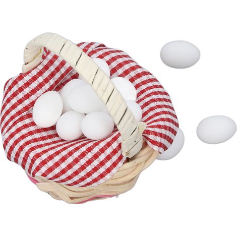 Panier à œufs miniature pour maison de poupée, motif écossais rouge, haute réalisme, avec anses, décoration pour maison de poupée, œuf blanc (1/5)