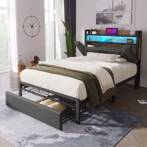 Letto singolo 90x200 cm con LED sulla testiera, ricarica USB Type C e cassetti, grigio, senza materasso (1/5)