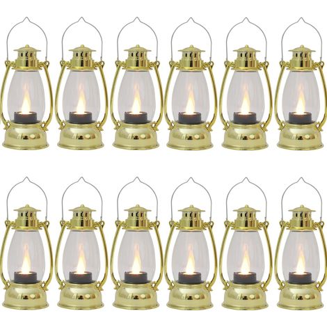 Lot de 12 mini-lanternes décoratives avec bougie LED vacillante, petite lanterne de 13 cm pour décoration de table, plaqué or (1/5)