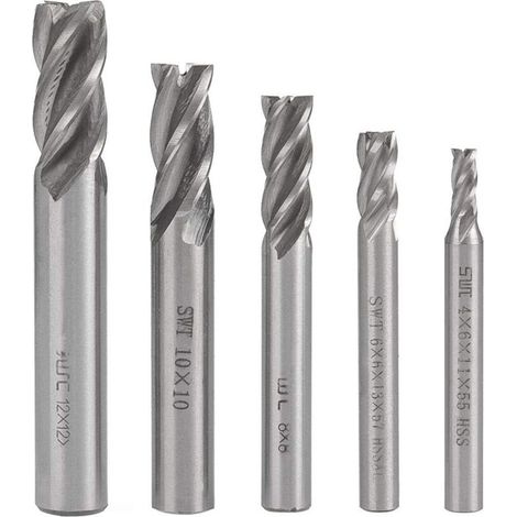 Lot de 5 fraises à queue droite en acier rapide pour tour CNC, 4, 6, 8, 10 et 12 mm, 4 cannelures, fraises hélicoïdales, forets 4/6/8/10/12 mm - (1/5)