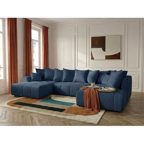 BOBOCHIC - Canapé panoramique convertible ROXELANE tissu chiné Angle gauche  Bleu foncé