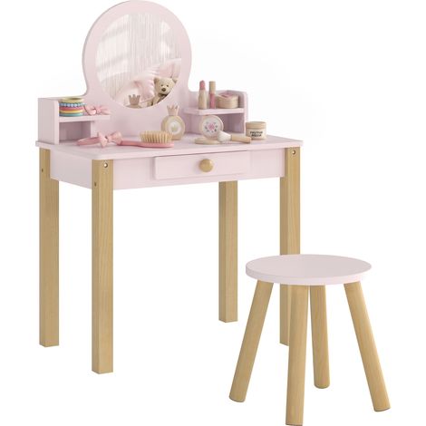 Beyamis Ensemble de coiffure en bois pour enfant avec miroir et tabouret, coiffeuse avec tiroir et étagère, 3 à 6 ans, rose (1/5)