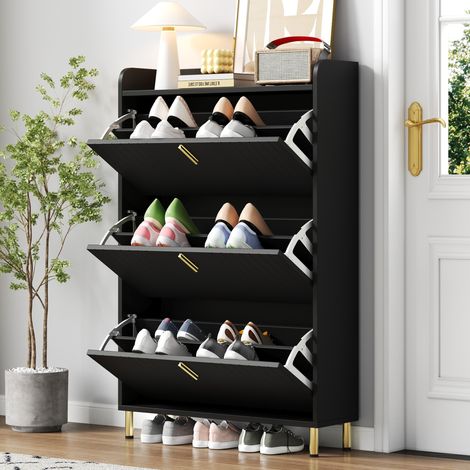 Meuble à chaussures 80x23x123.5 cm noir en MDF avec 3 abattants et étagères réglables (1/5)