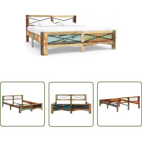 The Living Store Cadre de lit bois de récupération massif 160x200 cm - Lit En Bois - Cadre De Lit Vintage - Meubles Rustiques - Mobilier Recyclé - Lit Artisanal (1/5)