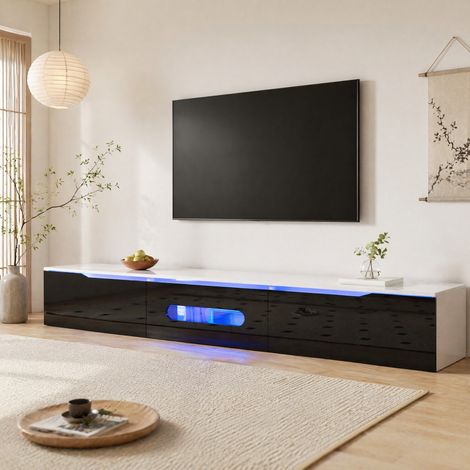 Meuble TV 180x35x30 cm en panneaux de bois noir, LED 16 couleurs, moderne pour salon FloraGrace (1/5)