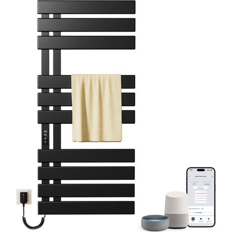 Elektrischer Badheizkörper,500 x 1100 mm WIFI Handtuchheizkörper Elektrisch,An der Wand montierter Badheizkörper Elektrisch,Heizkörper Bad,Kompatibel Google Home und App Steuerung (Schwarz, Links) (1/5)