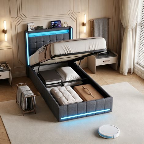 JOOKGBD-Polsterbett Einzelbett 90x200cm mit Bettkasten,hydraulischem Stauraum,LED RGB-Beleuchtung,USB/Type-C-Ladeanschlüssen,gepolstertes Leinen-Kopfteil,für Jugendliche und Erwachsene,dunkelgrau (1/5)