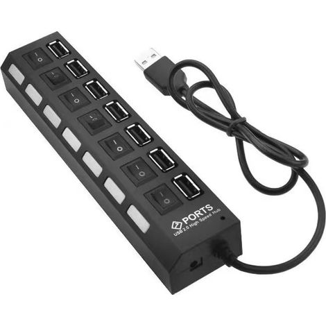 Hub USB 7 ports avec interrupteur marche/arrêt, prolongateur USB, répartiteur USB multiport, accessoire informatique.