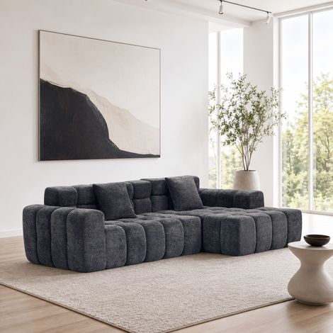Canapé d'angle gauche en L 250 cm en velours gris anthracite à texture algues avec mousse haute résilience DESVIAE (1/5)
