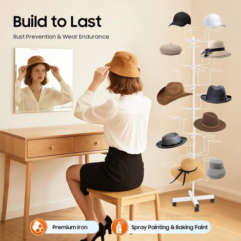 Porte-chapeaux rotatif à 7 niveaux avec 35 porte-chapeaux, support de rangement en fer sur pied en croix, réglable en hauteur pour tous les types de chapeaux, convient pour la maison et le (1/5)