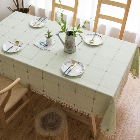 Nappe rectangulaire en coton et lin à pompons, décoration de table de cuisine moderne (carreaux verts, 140180cm) (1/3)