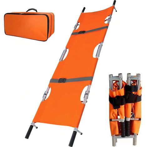 Patient stretcher, 210 x 54 cm. Mobile aluminum stretcher with buckles, foldable and equipped with a storage pouch for emergency patient transport.