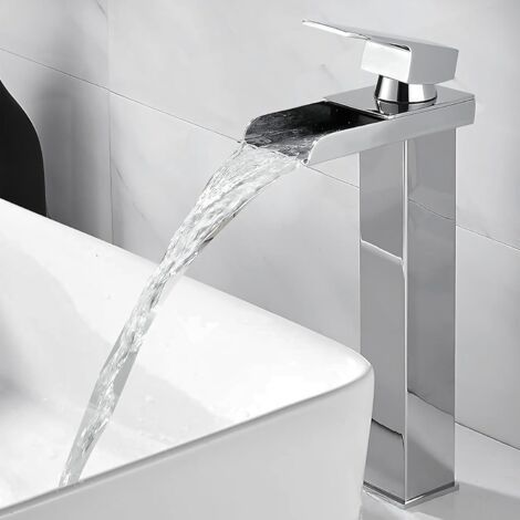 QORVA-Robinet Salle de Bain Cascade Mitigeur de Lavabo Bec Haut pour Vasque Robinet Lavabo Corps en Acier Inox Chromé Design Moderne