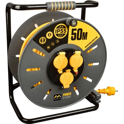 Masterplug Pro-XT Avvolgicavo 50 m, prolunga presa IP55, estensione elettrica 3 prese Schuko, prolunga presa professionale 3 x 1,5 mm2 (1/5)