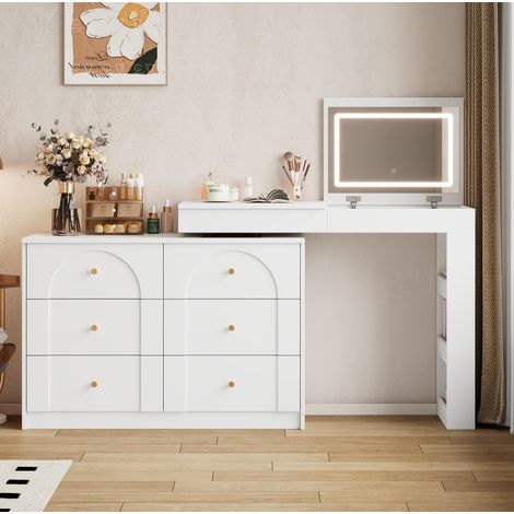 Coiffeuse pivotante avec miroir led et 7 tiroirs, blanc, 105x40x80 cm (1/5)