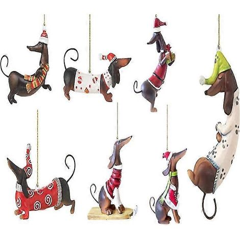 Lot de 7 décorations de Noël en forme de teckels, à suspendre au sapin. Décorations en peluche pour les fêtes de fin d'année. Idéales pour décorer votre maison. (1/3)