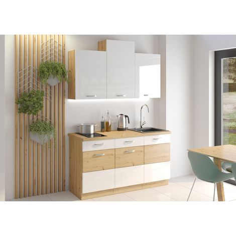 Küche Eiche Artisan Weiß 150 cm Küchenzeile Hochglanz Küchenblock Singleküche (1/4)