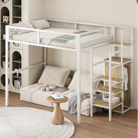 MEUBLIV Lit mezzanine 140 x 200 lit enfant 2 places, avec échelle de sécurité et barrière de lit antichute, sommier à lattes en métal, blanc (1/5)