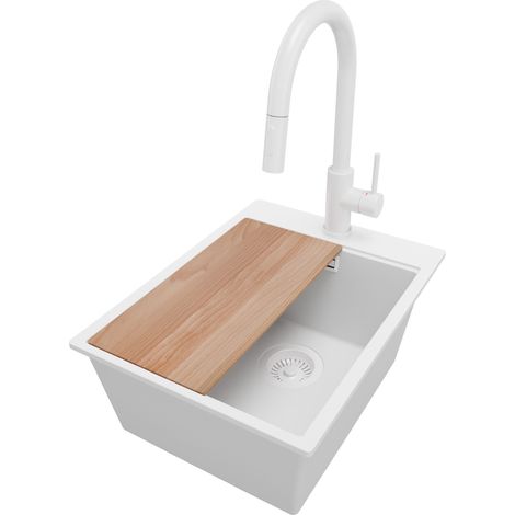 PRIMAGRAN Evier Cuisine en Granit 38x50cm, Lavabo 1 bac + Robinet 40x20cm + Kit de Vidage + Accessoire, Évier à Encastrer au meuble 40cm - Oslo, Tout Blanc (1/5)