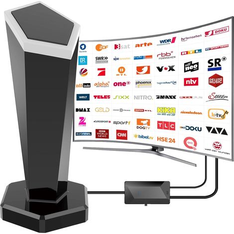 Antenne DVBT/DVBT2 avec amplificateur - Antenne HDTV d'intérieur pour téléviseur et base magnétique, portée de réception du signal 420 km et réception complète à 360°, prend en charge les canaux HD 4K (1/5)