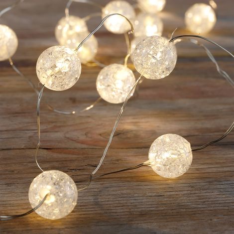 Guirlande lumineuse LED blanc chaud, 1,5 m, 15 boules lumineuses, minuterie 6/18 h, 2 piles AA, intérieur, aspect verre craquelé (1/5)