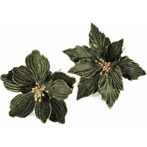 Stelle di Natale pick in stoffa verde con bordo e pistillo dorato, set da 12 pezzi, Ø 26 cm x 24 H