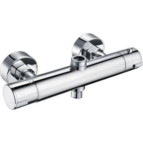 Shower fitting with thermostat, round brass shower thermostat, mixer tap with 2 outlets, shower fitting with 38°C safety button