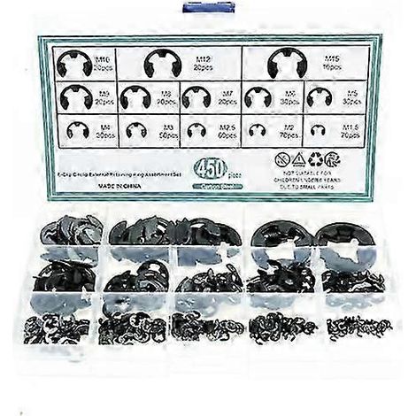 Kits d'assortiment de 450 clips en E, circlips et anneaux de retenue externes (1/5)