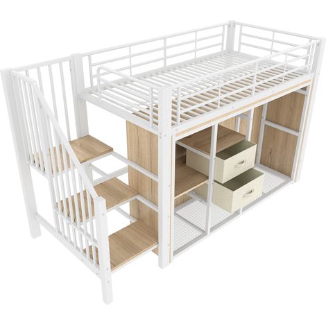 Lit mi-haut 90 x 200 cm, 2 tiroirs, dressing ouvert, éclairage LED multicolore, plusieurs compartiments de rangement, sans matelas, blanc (1/5)