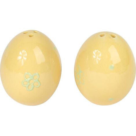 Set di saliera e pepiera in ceramica a forma di uovo - Giallo con fiori verdi (1/4)