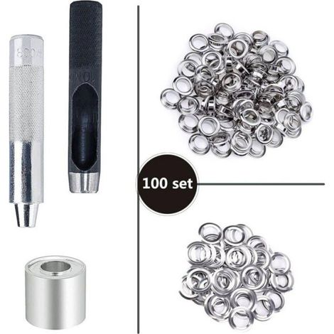 Oeillets Métal - Kit Réparation Tente Bâche - Diamètre Intérieur 10 mm - 100 Pièces avec Perforateur et Boîte de Rangement (1/4)