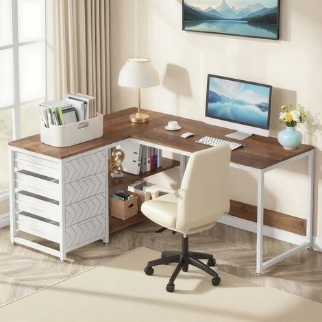Professioneller L-förmiger Eckschreibtisch 150 x 110 x 75 cm, 4 Schubladen, Industrie-Metallgestell in Weiß, ergonomisch fürs Homeoffice
