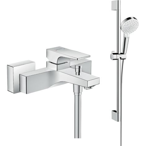 HANSGROHE Metropol mezclador de bañera mecánico cromado + pack rociador Croma 2 chorros + flexible + barra
