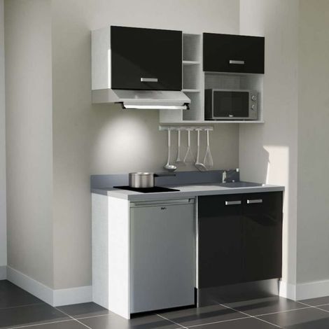Kitchenette K13L - 140 cm - emplacements frigo, hotte et micro-ondes-Noir-Cromo-évier à droite