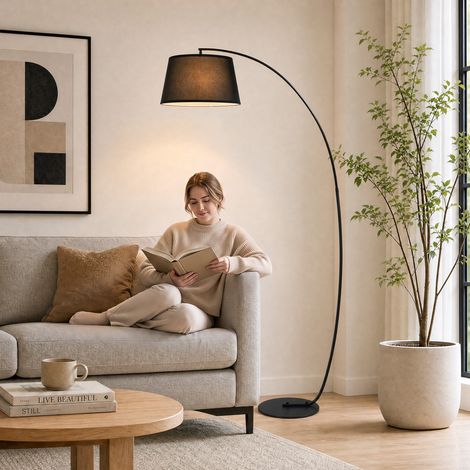Lampe Lampadaire à Arc Salon Courbée - Lampe Arceau Moderne en Métal - Lampadaire sur Pied, Métal et Lin, Noir (1/5)
