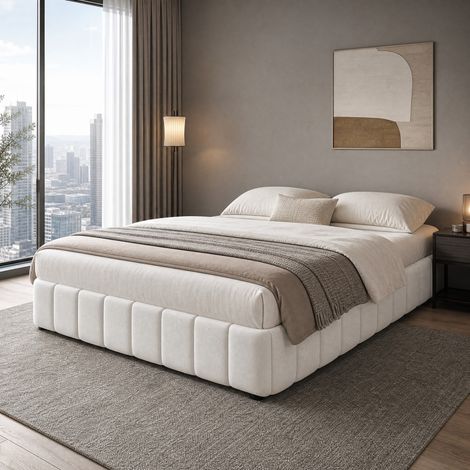 Cama tapizada de 140x200 cm con almacenaje hidráulico, sin cabecero y sin colchón, en tela beige, ideal para dormitorio pequeño y estilo moderno  CHICFURN (1/5)