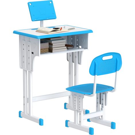 Bureau d'écolier réglable en hauteur pour enfants de 6 à 12 ans, avec pupitre et étagère, en acier et MDF, bleu. (1/5)