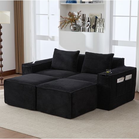 Sofá modular 188x162x75 cm de tela afelpada negra con 2 pufs para salón – MEUBLIV (1/5)