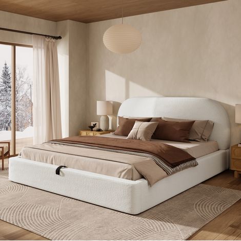 Cama doble tapizada 180x200 cm, con almacenamiento hidráulico, cabecero acolchado, bouclé beige (1/5)
