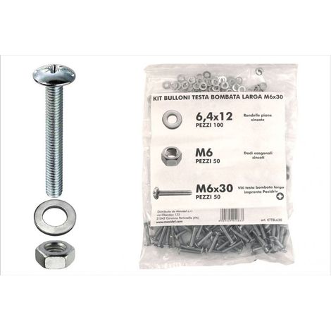 Kit viti testa bombata larga Ø 6 x 30 + dadi + rondelle - 200 pz.
